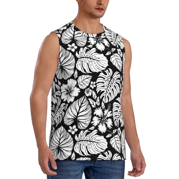 Goofa Tropical Leaves Printed Men's Sleeveless T-Shirt - Athletic Gym Workout Tank Top for Men - Moisture-Wicking, UPF 30+ Quick-Dry Muscle Tee-X-Large