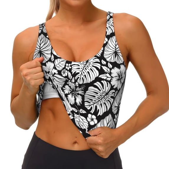 Goofa Tropical Leaves Printed Sports Bras for Women, High Impact Running Bra Workout Crop Tank Tops Longline Sports Bra Push up-XX-Large
