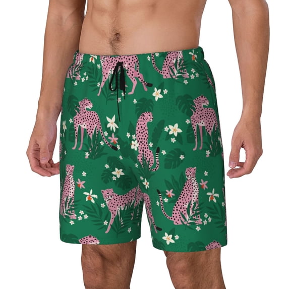 Goofa Tropical Leopard Printed Men's Swim Trunks Board Shorts Quick Dry Mens Swimming Trunks with Compression Liner,Breathable Fit Hawaii Beach Shorts-Medium