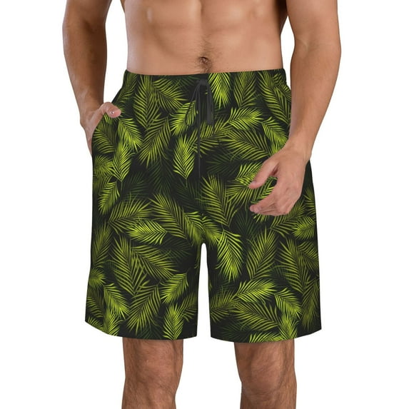 Goofa Tropical Palm Leaves Fern Leaf Printed Mens Swim Trunks Summer Quick Dry Short Beach Swimwear Bathing Suits-Small