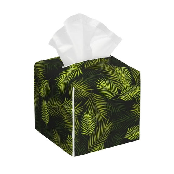 Goofa Tropical Palm Leaves Fern Leaf Tissue Box Cover PVC Leather Tissue Holder Square Facial Tissue Case Facial Paper Organizer Dispenser for Bathroom, Vanity Countertop