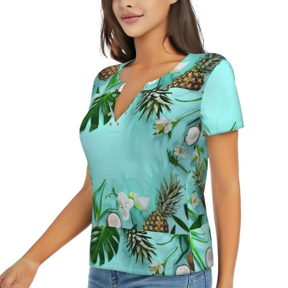 Goofa Tropical Pineapple Pattern Womens Deep V Neck Low Cut Tops Casual Summer Short Sleeve Ribbed Knit T-Shirts-Medium