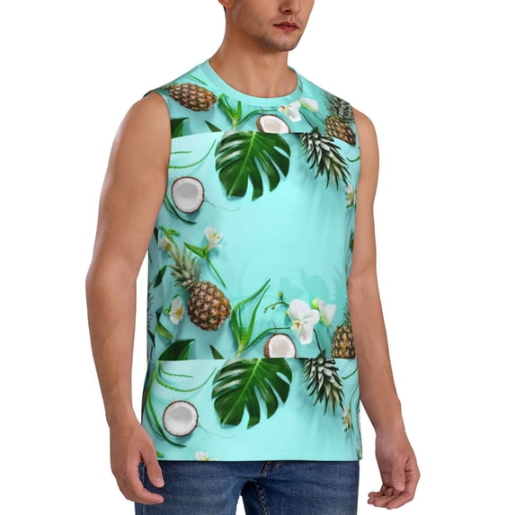 Goofa Tropical Pineapple Printed Men's Sleeveless T-Shirt - Athletic Gym Workout Tank Top for Men - Moisture-Wicking, UPF 30+ Quick-Dry Muscle Tee-Large