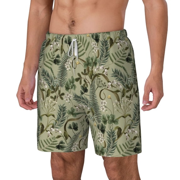 Goofa Tropical Plants Green Printed Men's Swim Trunks Board Shorts Quick Dry Mens Swimming Trunks with Compression Liner,Breathable Fit Hawaii Beach Shorts-Large