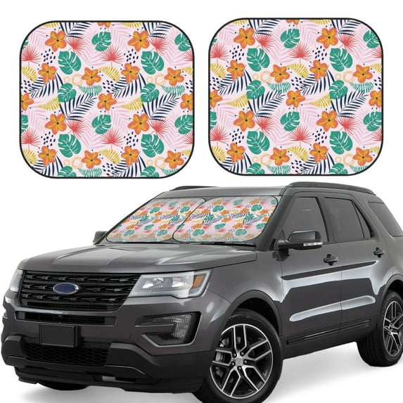 Goofa Tropical Plants Pattern 2 Piece Car Windshield Sun Shade Foldable | Front Windshield Shade for Sun, Heat and UV Rays | Sunshade for Car Front Window-Small