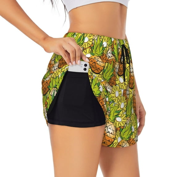 Goofa Tropical Summer Fruit Printed Women 2 in 1 Running Shorts,Quick Dry Athletic Workout Shorts,High Waisted Athletic Shorts with Liner Pockets-