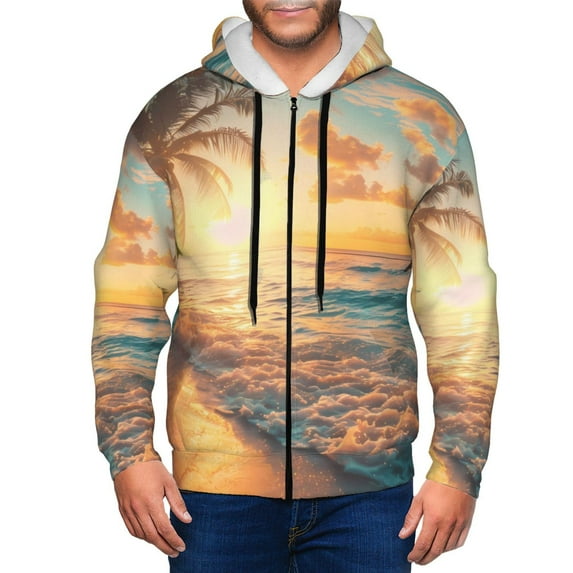 Goofa Tropical Sunset Beach Scene Pattern Mens Full-zip Hoodie, Zip-up Pullover Hooded Sweatshirt, Kangaroo Pocket Hoodie Ideal for Daily Wear, Travel, and Home-3X-Large