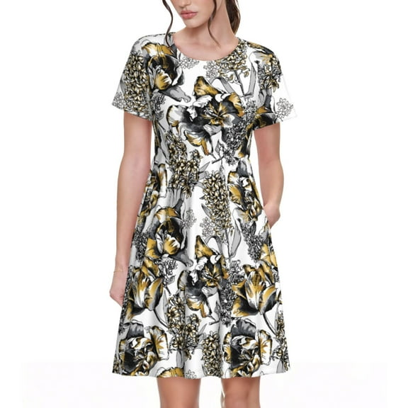 Goofa Tulips Flowers Pattern Women Summer Short Sleeve Midi Dress with Pockets Casual Aline Flowy Tshirt Dress Vocation Beach Sundress
