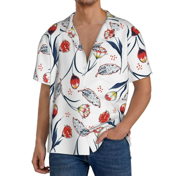 Goofa Tulips Flowers Printed Men's Casual Short-sleeved Shirt,Lightweight Breathable Button-down,Summer Casual men's top,Versatile Fashion shirt-Medium