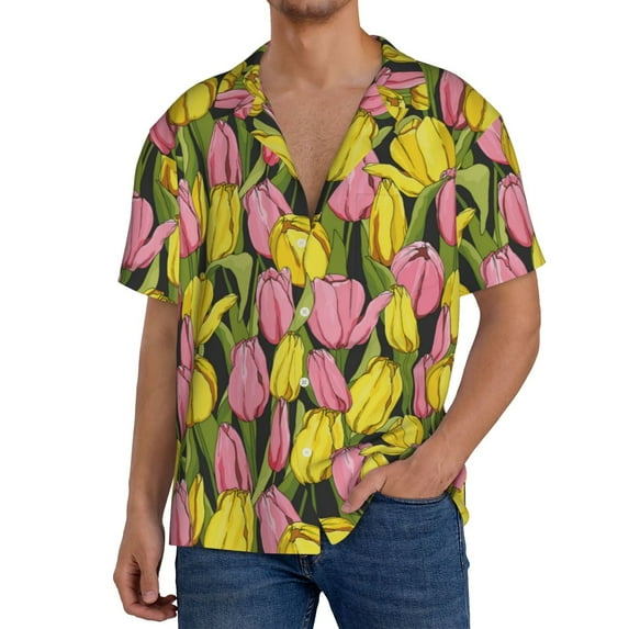 Goofa Tulips Flowers Printed Men's Casual Short-sleeved Shirt,Lightweight Breathable Button-down,Summer Casual men's top,Versatile Fashion shirt-XX-Large