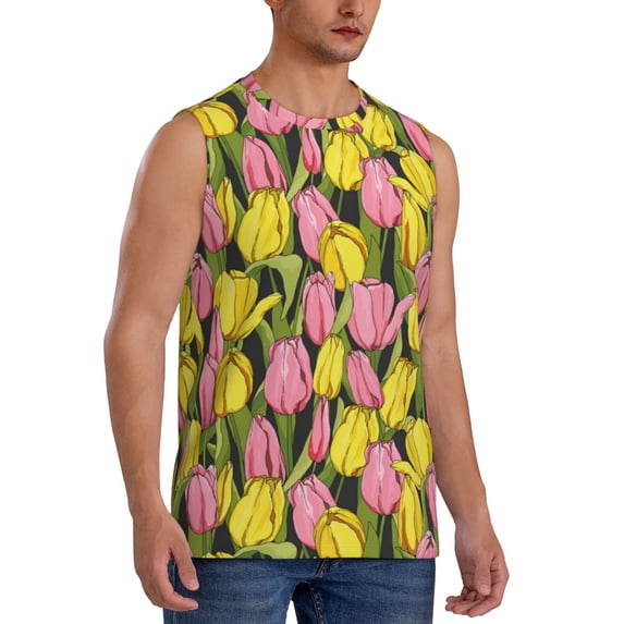 Goofa Tulips Flowers Printed Men's Sleeveless T-Shirt - Athletic Gym Workout Tank Top for Men - Moisture-Wicking, UPF 30+ Quick-Dry Muscle Tee-