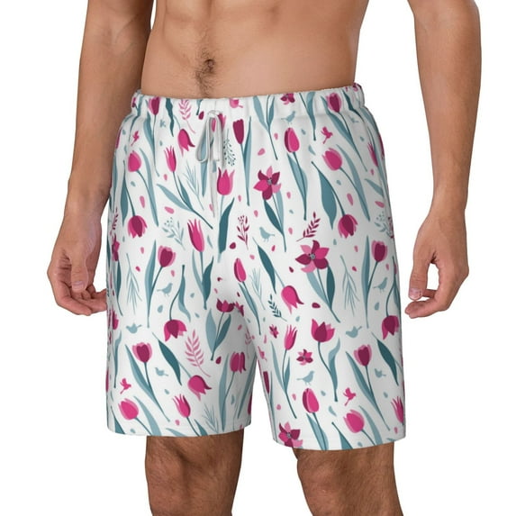 Goofa Tulips Flowers Printed Men's Swim Trunks Board Shorts Quick Dry Mens Swimming Trunks with Compression Liner,Breathable Fit Hawaii Beach Shorts-Small