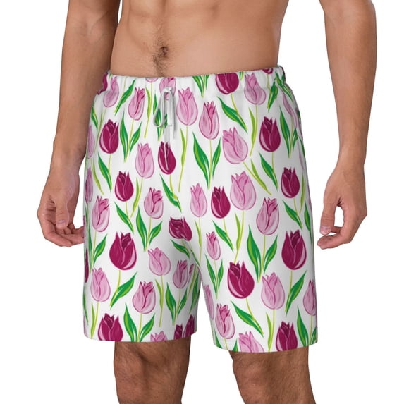 Goofa Tulips Flowers Printed Men's Swim Trunks Board Shorts Quick Dry Mens Swimming Trunks with Compression Liner,Breathable Fit Hawaii Beach Shorts-Small