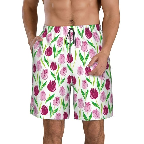 Goofa Tulips Flowers Printed Mens Swim Trunks Summer Quick Dry Short Beach Swimwear Bathing Suits-