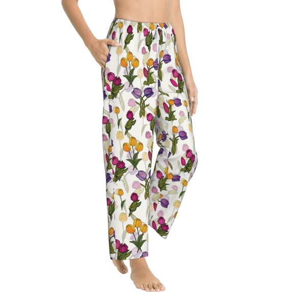Goofa Tulips Flowers Printed Soft Pajama Pants for Women, Wide Leg Comfy Casual Lounge Yoga Pants-Small