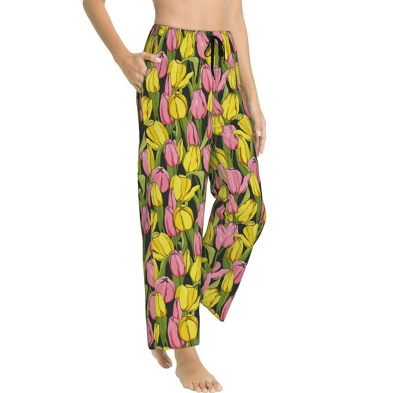 Goofa Tulips Flowers Printed Soft Pajama Pants for Women, Wide Leg Comfy Casual Lounge Yoga Pants-XX-Large