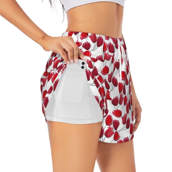 Goofa Tulips Flowers Printed Women 2 in 1 Running Shorts,Quick Dry Athletic Workout Shorts,High Waisted Athletic Shorts with Liner Pockets-XX-Large