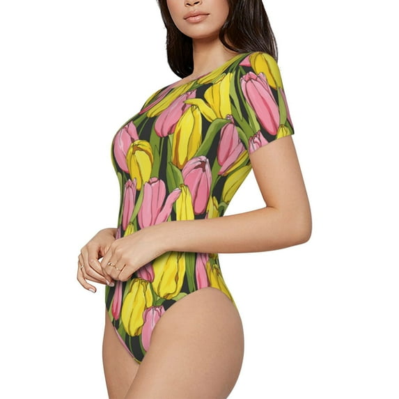 Goofa Tulips Flowers Printed Women Rash Guard Short Sleeve,Tummy control Swimsuit Surfing Swimsuit Bathing Suit One Piece Swimsuit UPF 50-Large