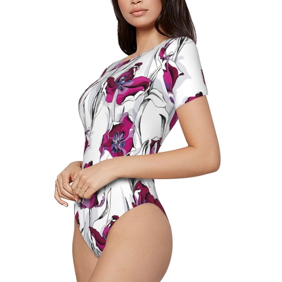 Goofa Tulips Flowers Printed Women Rash Guard Short Sleeve,Tummy control Swimsuit Surfing Swimsuit Bathing Suit One Piece Swimsuit UPF 50-