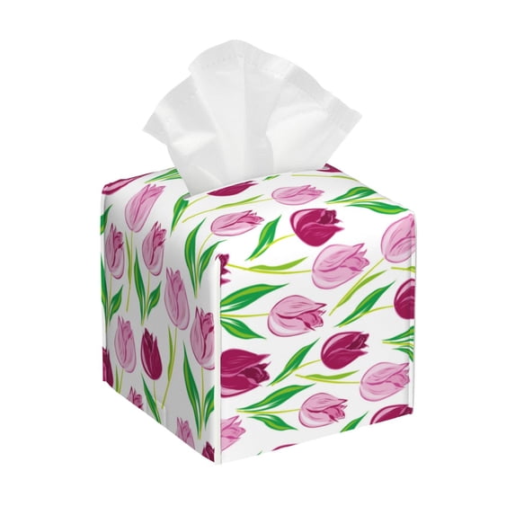 Goofa Tulips Flowers Tissue Box Cover PVC Leather Tissue Holder Square Facial Tissue Case Facial Paper Organizer Dispenser for Bathroom, Vanity Countertop