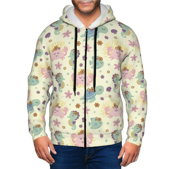 Goofa Turtle Crab Sea Horse Pattern Mens Full-zip Hoodie, Zip-up Pullover Hooded Sweatshirt, Kangaroo Pocket Hoodie Ideal for Daily Wear, Travel, and Home-Medium