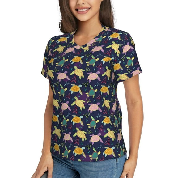 Goofa Turtle Pattern Women's Slim-Fit Short-Sleeve V-Neck T-Shirt,Classic-Fit Short-Sleeve V-Neck T-Shirt-Large