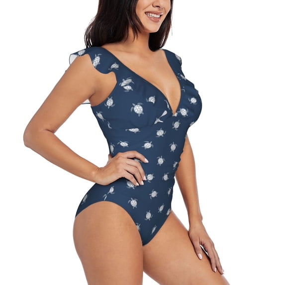 Goofa Turtle Printed Women's Ruffled One Piece Swimsuit,V Neck Adjustable Lace Up Flattering Bathing Suit,Poolside Fashion Beachwear-Medium
