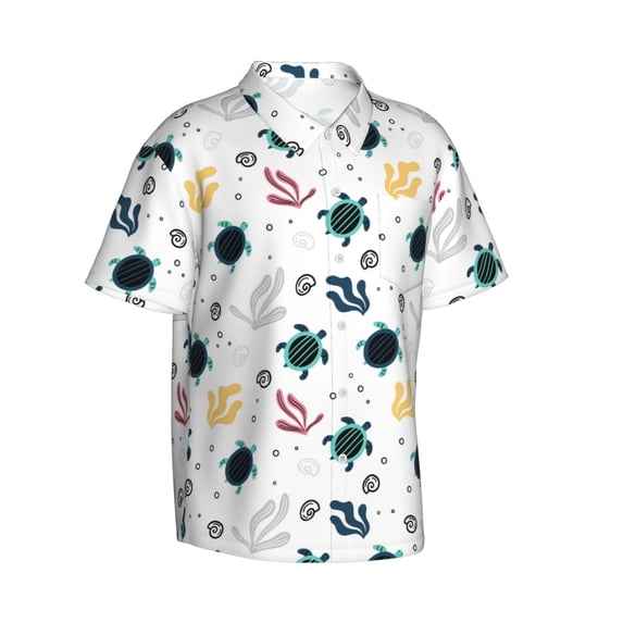 Goofa Turtles And Corals Hawaiian Shirt for Men, Unisex Summer Beach Casual Short Sleeve Button Down Shirts,Aloha Tropical Floral print shirt-Large