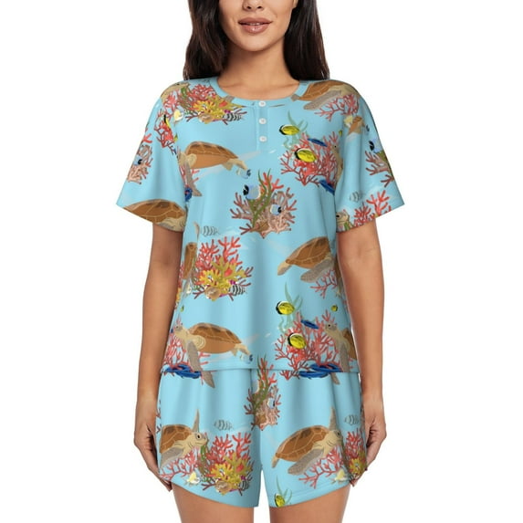 Goofa Turtles And Corals for Womens Cotton 2 Piece Pajamas Set Classic Short Sleeve Pjs Set Soft Button Down Sleepwear Loungewear-Medium