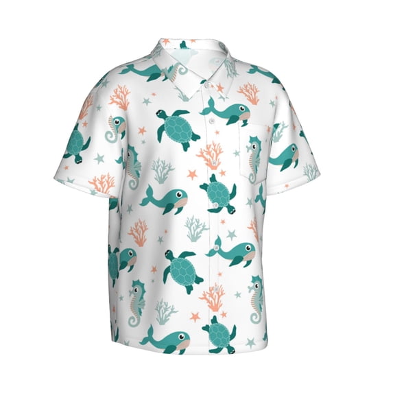 Goofa Turtles And Seahorses Hawaiian Shirt for Men, Unisex Summer Beach Casual Short Sleeve Button Down Shirts,Aloha Tropical Floral print shirt-Large