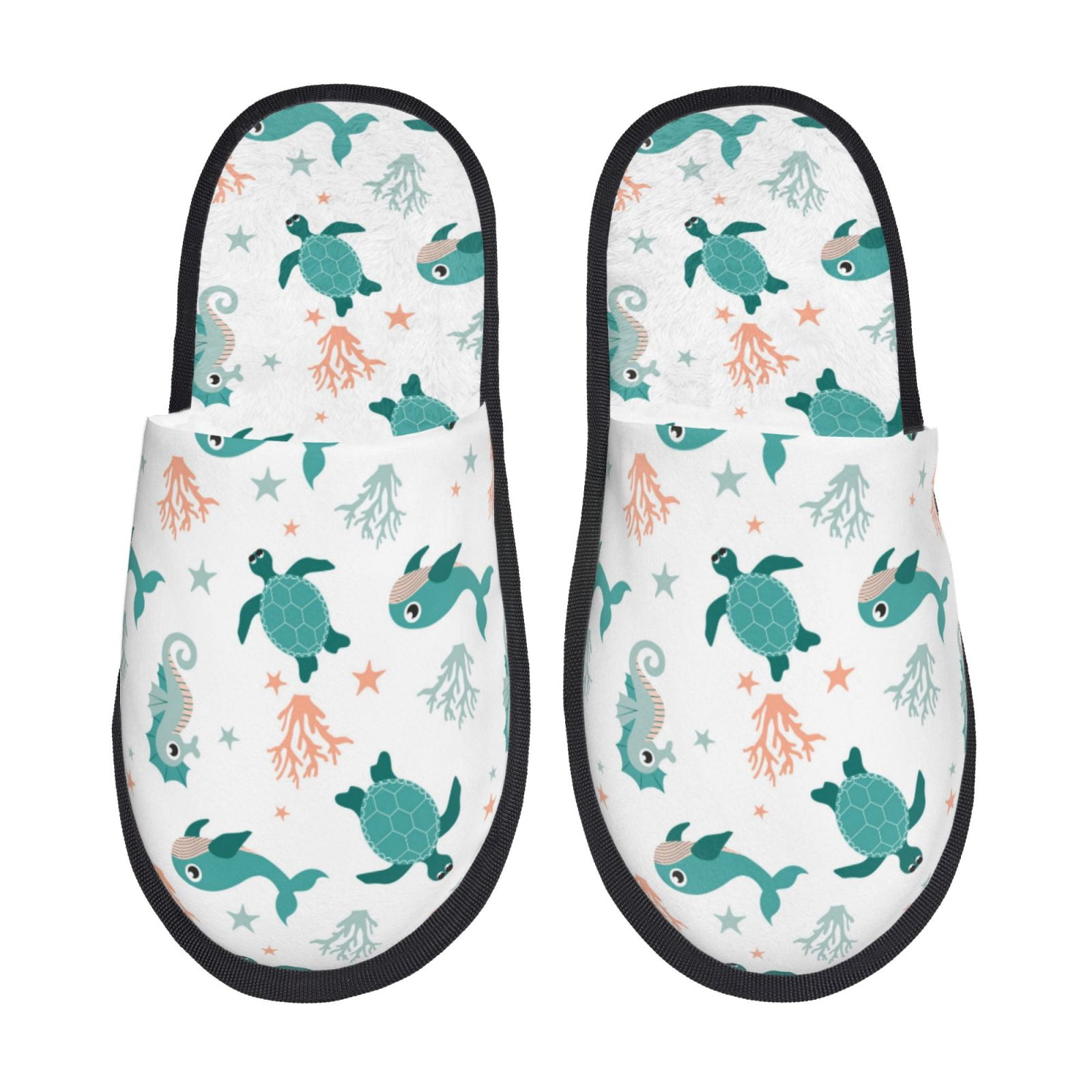Goofa Turtles And Seahorses Pattern Plush Furry Slippers for Men ...