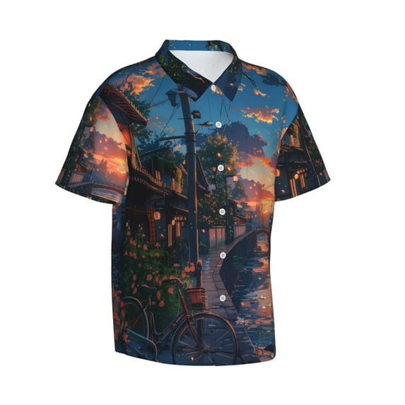 Goofa Twilight Canal Reflection Hawaiian Shirt for Men, Unisex Summer Beach Casual Short Sleeve Button Down Shirts,Aloha Tropical Floral print shirt-3X-Large