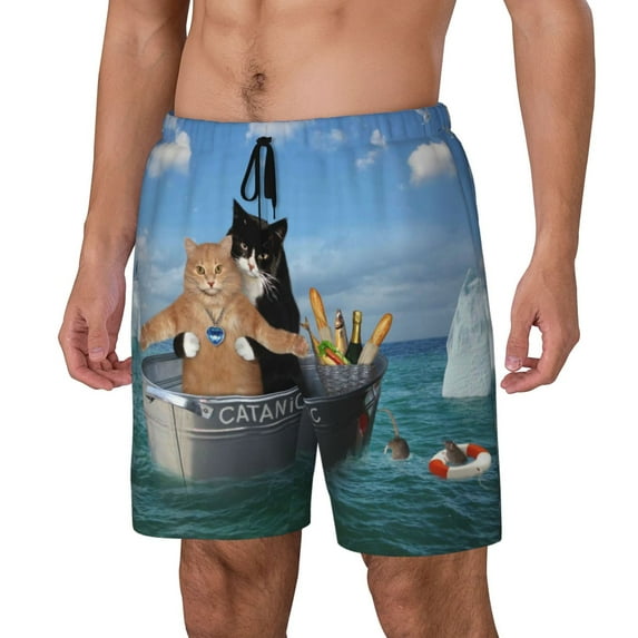 Goofa Two Brave Cats Are Floating On The Sea Iceberg Printed Men's Swim Trunks Board Shorts Quick Dry Mens Swimming Trunks with Compression Liner,Breathable Fit Hawaii Beach Shorts-XX-Large