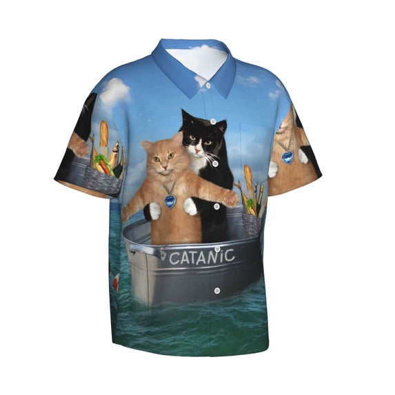 Goofa Two Brave Cats Are Floating On The Sea Iceberg Hawaiian Shirt for Men, Unisex Summer Beach Casual Short Sleeve Button Down Shirts,Aloha Tropical Floral print shirt-Small