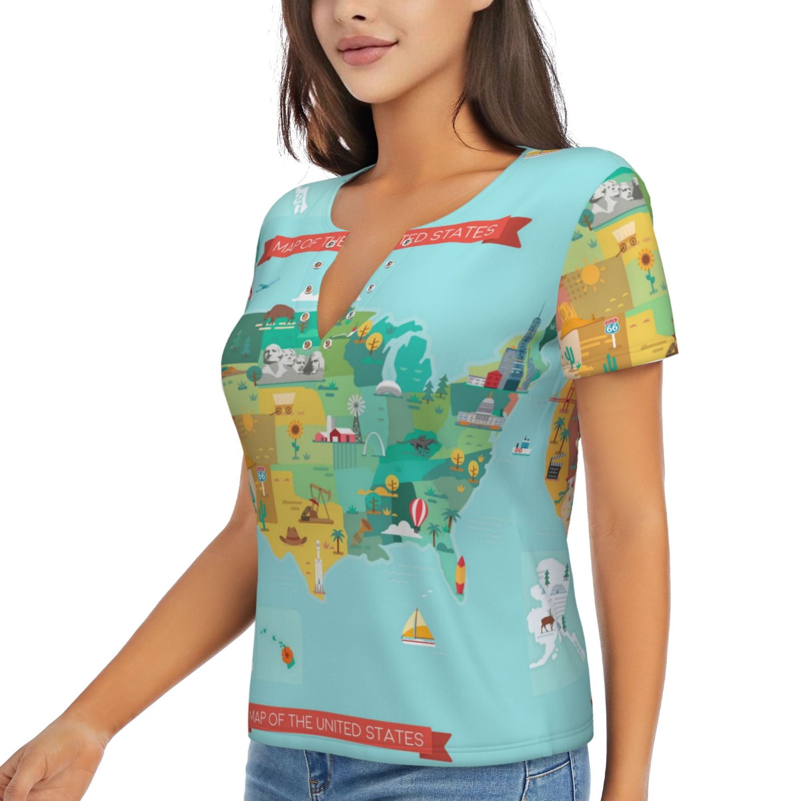 Goofa USA Tourist Map Pattern Womens Deep V Neck Low Cut Tops Casual ...