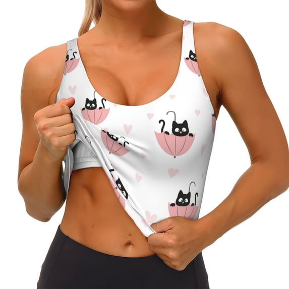 Goofa Umbrella Cat Printed Sports Bras for Women, High Impact Running Bra Workout Crop Tank Tops Longline Sports Bra Push up-X-Large