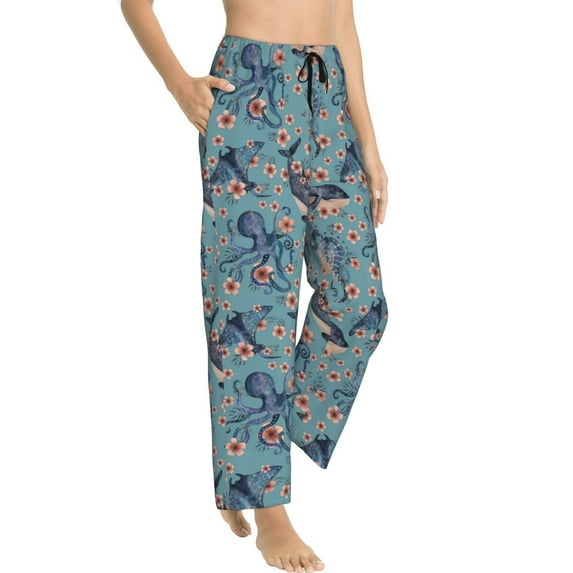 Goofa Underwater Animals and Flowers Printed Soft Pajama Pants for Women, Wide Leg Comfy Casual Lounge Yoga Pants-Medium