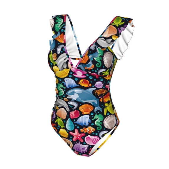 Goofa Underwater Diving Animals Print Women's Ruffled One Piece Swimsuit V Neck