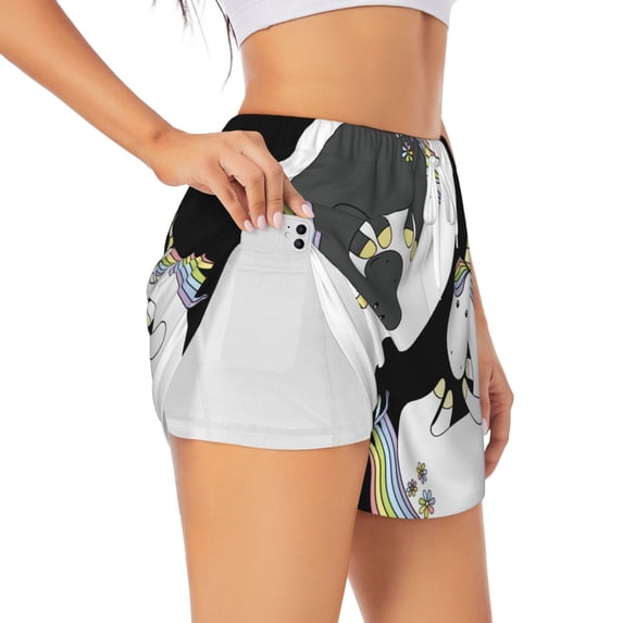 Goofa Unicorn in Yoga Printed Women 2 in 1 Running Shorts,Quick Dry Athletic Workout Shorts,High Waisted Athletic Shorts with Liner Pockets-Medium