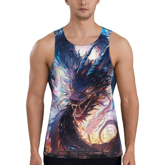 Goofa Urban Style Colorful Dragon Pattern Men's Workout Tank Top Slim-Fit Tank Quick Dry Fit Muscle Tank Top Beach Tank Top Bodybuilding Sleeveless T Shirt-Medium