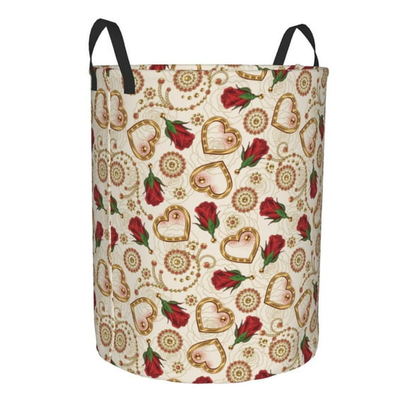 Goofa Valentine'S Day Rose Printed Circular Hamper,Laundry Basket with Handles,Storage Baskets Foldable,Large Capacity Laundry Hamper-Medium