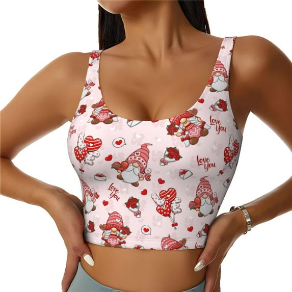 Goofa Valentine's Day gnome Printed Sports Bras for Women, High Impact Running Bra Workout Crop Tank Tops Longline Sports Bra Push up-Large