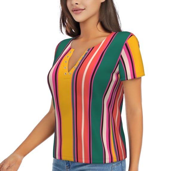 Goofa Vertical Stripes Pattern Womens Deep V Neck Low Cut Tops Casual Summer Short Sleeve Ribbed Knit T-Shirts-XX-Large