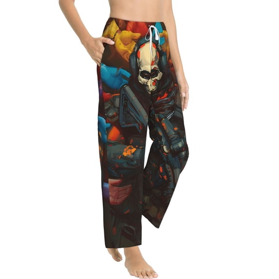 Goofa Vibrant Skull Soldier Printed Soft Pajama Pants for Women, Wide Leg Comfy Casual Lounge Yoga Pants-Large