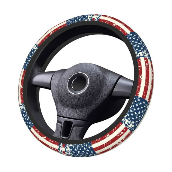 Goofa Vintage American Flag Pattern Elastic Stretch Steering Wheel Cover,Universal 15 inch, Microfiber Breathable Ice Silk, Anti-Slip, Odorless, Easy Carry