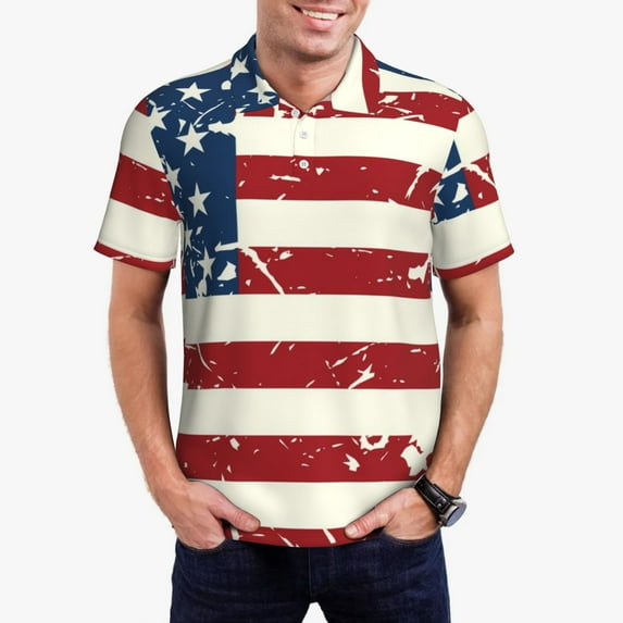 Goofa Vintage American Flag Print Mens Polo Shirts Quick Dry Short Sleeve Golf T Shirt Performance Moisture Wicking Casual Workout-3X-Large