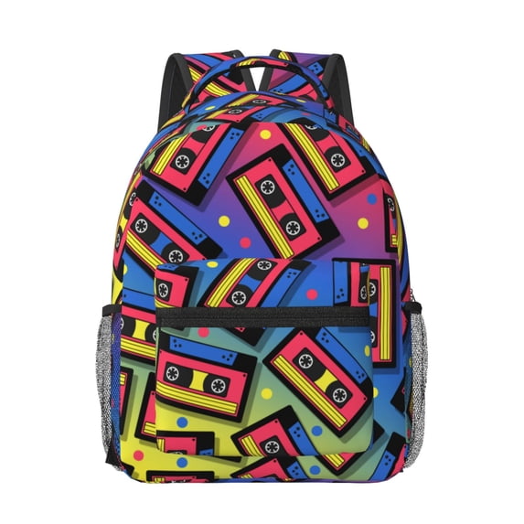 Goofa Vintage Audio Cassettes Pattern Comfortable Student Backpack - Ergonomic Design, Durable, Water-Resistant, Multi-Compartment,Travel, and Outdoor Activities
