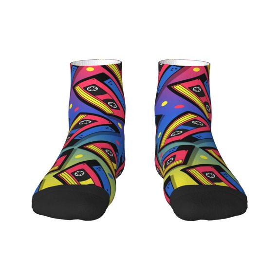Goofa Vintage Audio Cassettes Pattern Non Slip Socks with Grips for Elderly, Crew Socks Yoga Hospital Socks Cushioned Sole Gripper Socks for Men Women