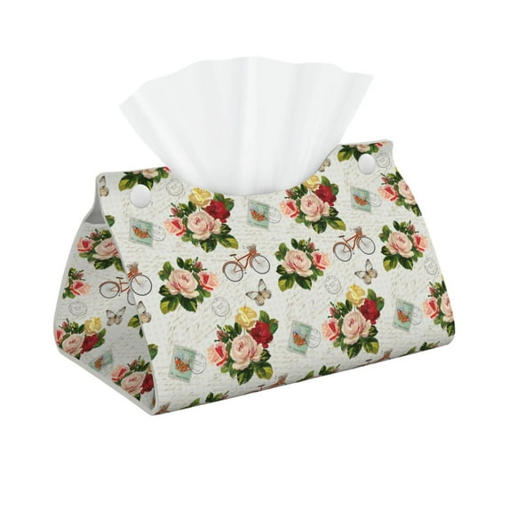 Goofa Vintage Bike Flower Butterfly Pattern Triangle Square Tissue Box Cover, Modern PVC Leathe Facial Paper Holder,Decorative Holder/Organizer for Bathroom Vanity Countertop