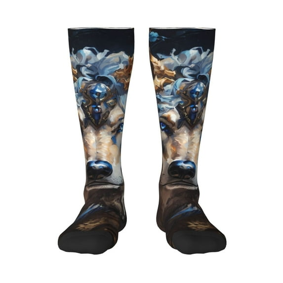 Goofa Vintage Blue Floral Wolf Pattern Adult Stockings, Color-Block Knee High Socks, Comfortable and Breathable, Soft and Stretchable, Sports, and Decoration